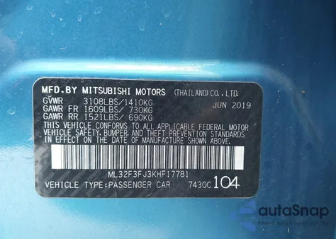 2019 Mitsubishi Mirage G4 Es from USA, damaged, VIN ML32F3FJ3KHF17781